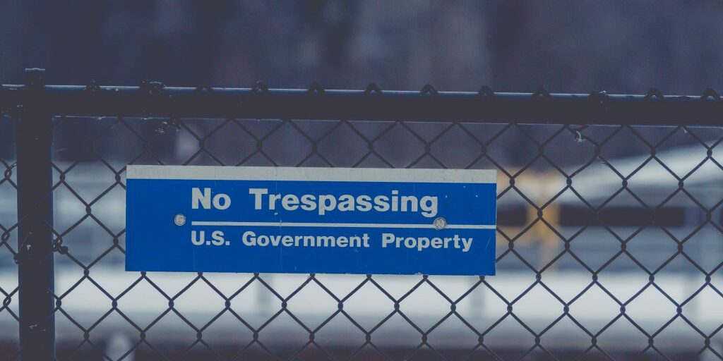 A 'No Trespassing' sign at Lock &amp; Dam 8 along the Mississippi River near Genoa, Wisconsin.
