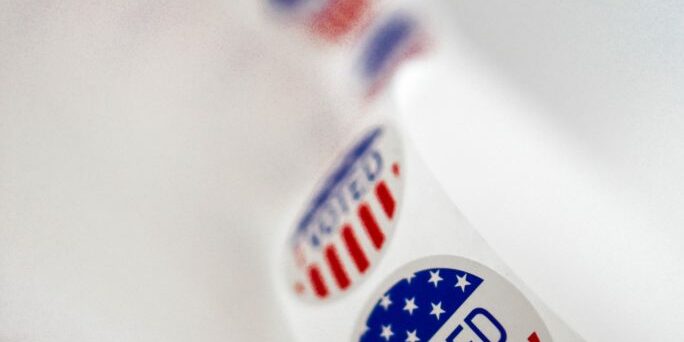 A photo of a roll of American flag "I Voted" stickers